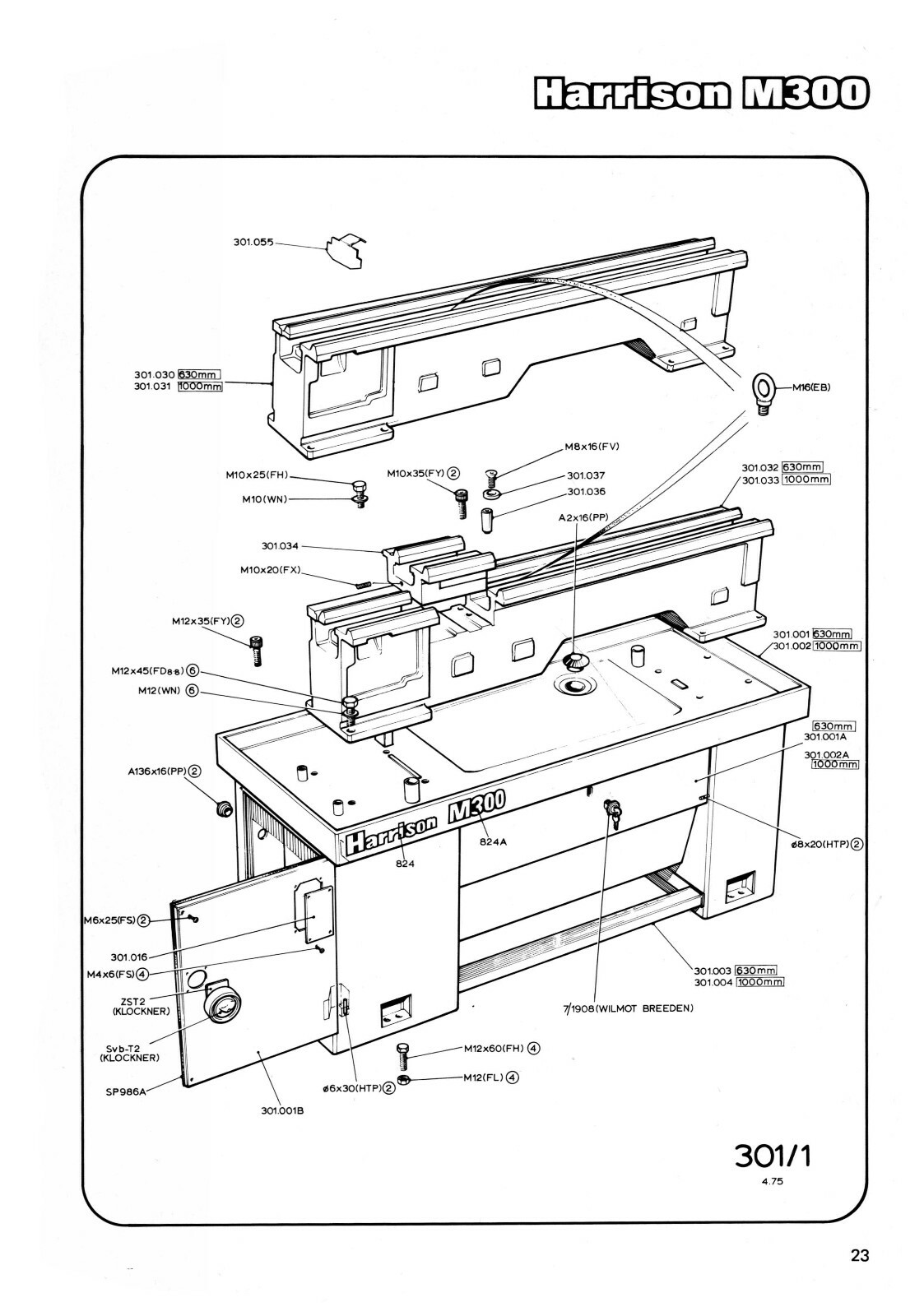 Harrison M300 Lathe 13″ Instruction & Parts List Manual #1408