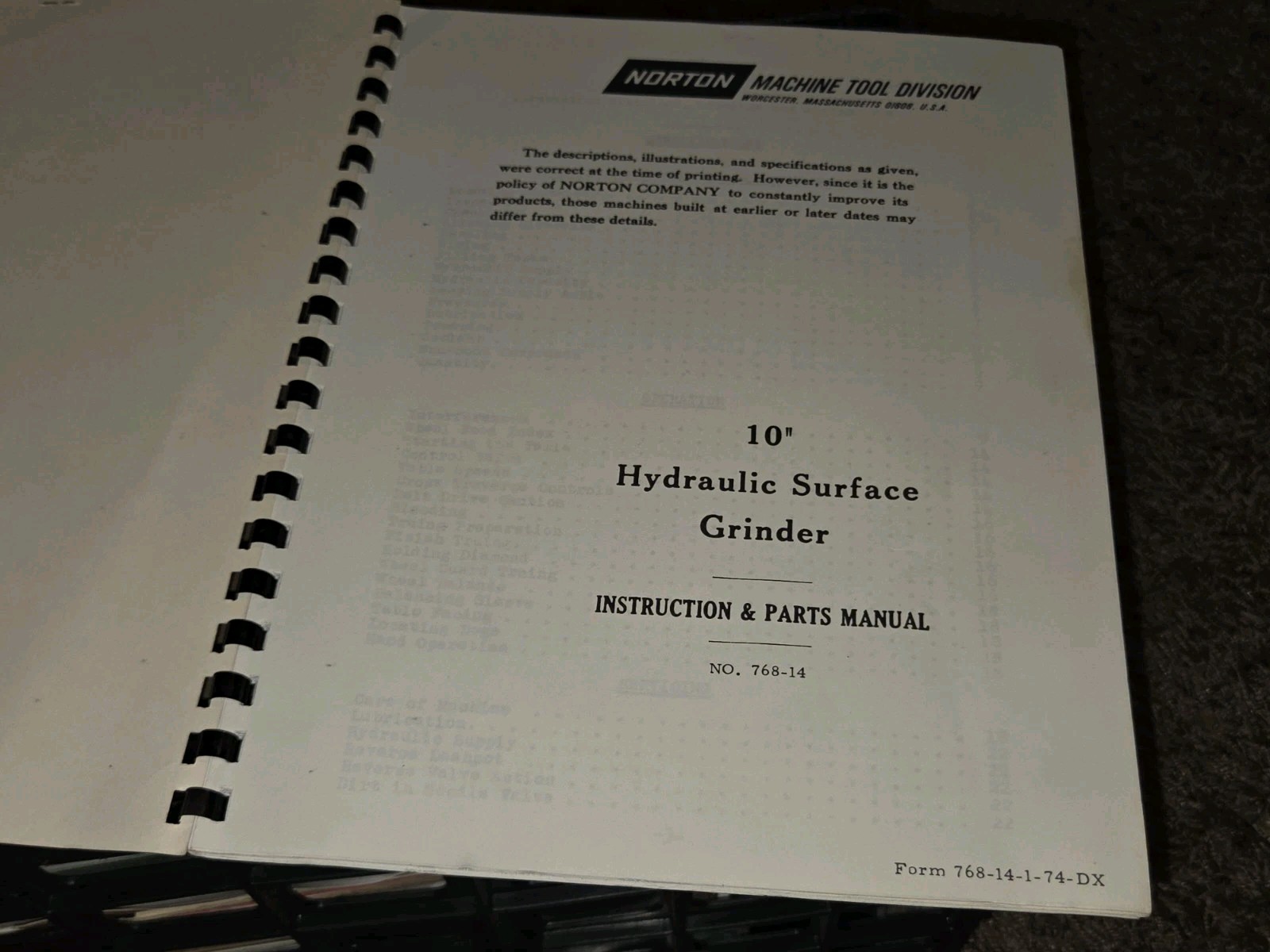 NORTON INSTRUCTION OPERATOR PART MANUAL Hydra SURFACE GRINDER 10″ Warner Swasey