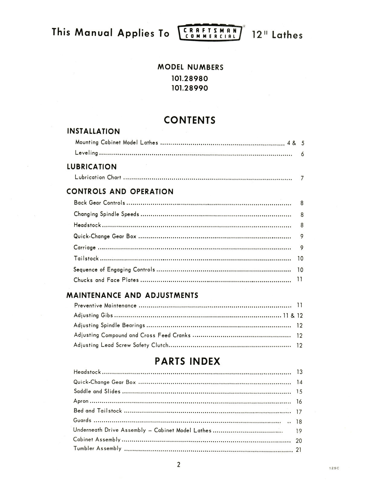 Sears Craftsman 12″ Lathe 101.28980 & 101.28990 Op Instruct & Parts Manual #1257