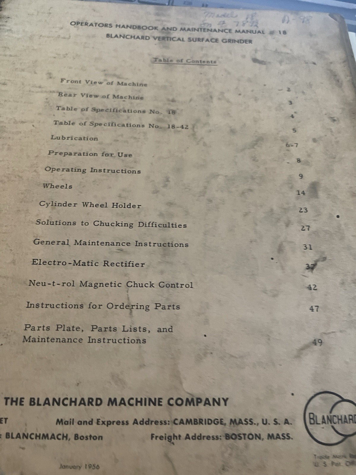 BLANCHARD 18 Surface Grinder Operators & Maintenance Manual