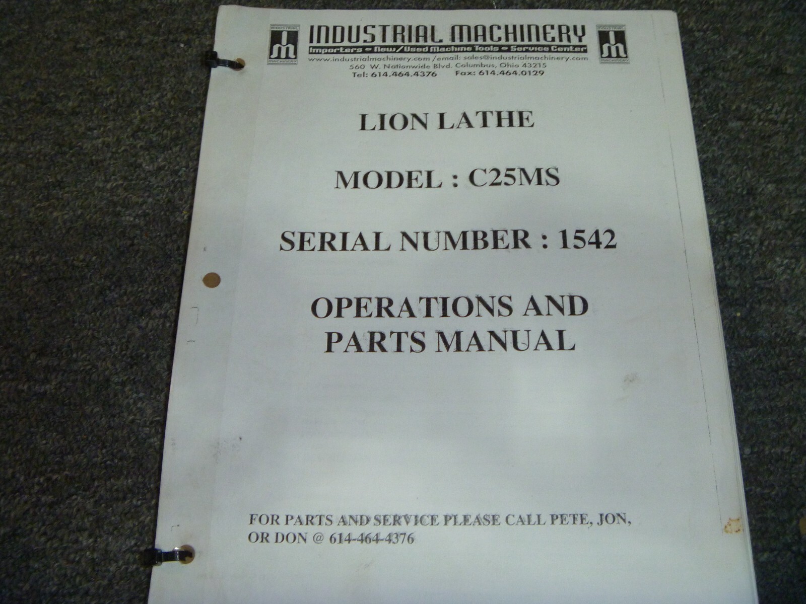 Industrial Lion C25MS Lathe Operator Instruction Manual & Parts Catalog SN 1542