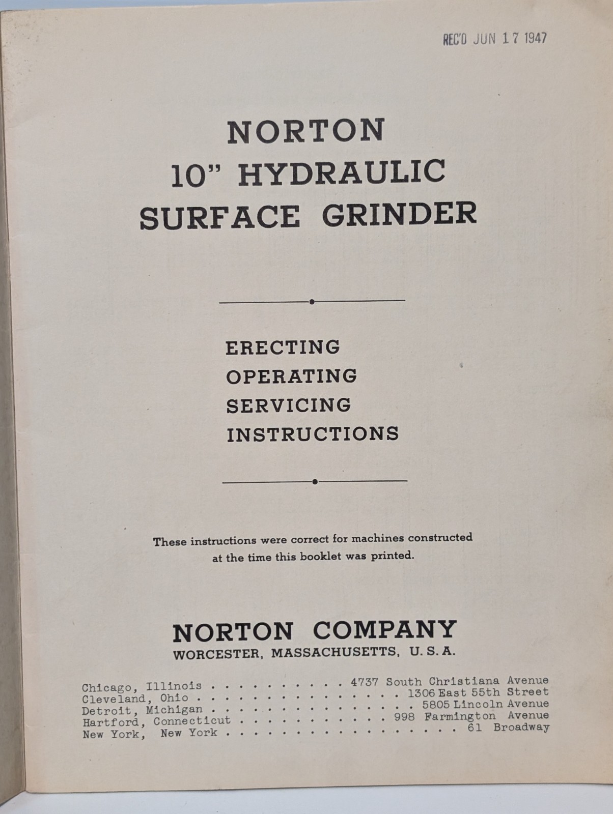 Norton 10″ Hydraulic Surface Grinder Manual for Erecting, Operating, & Servicing
