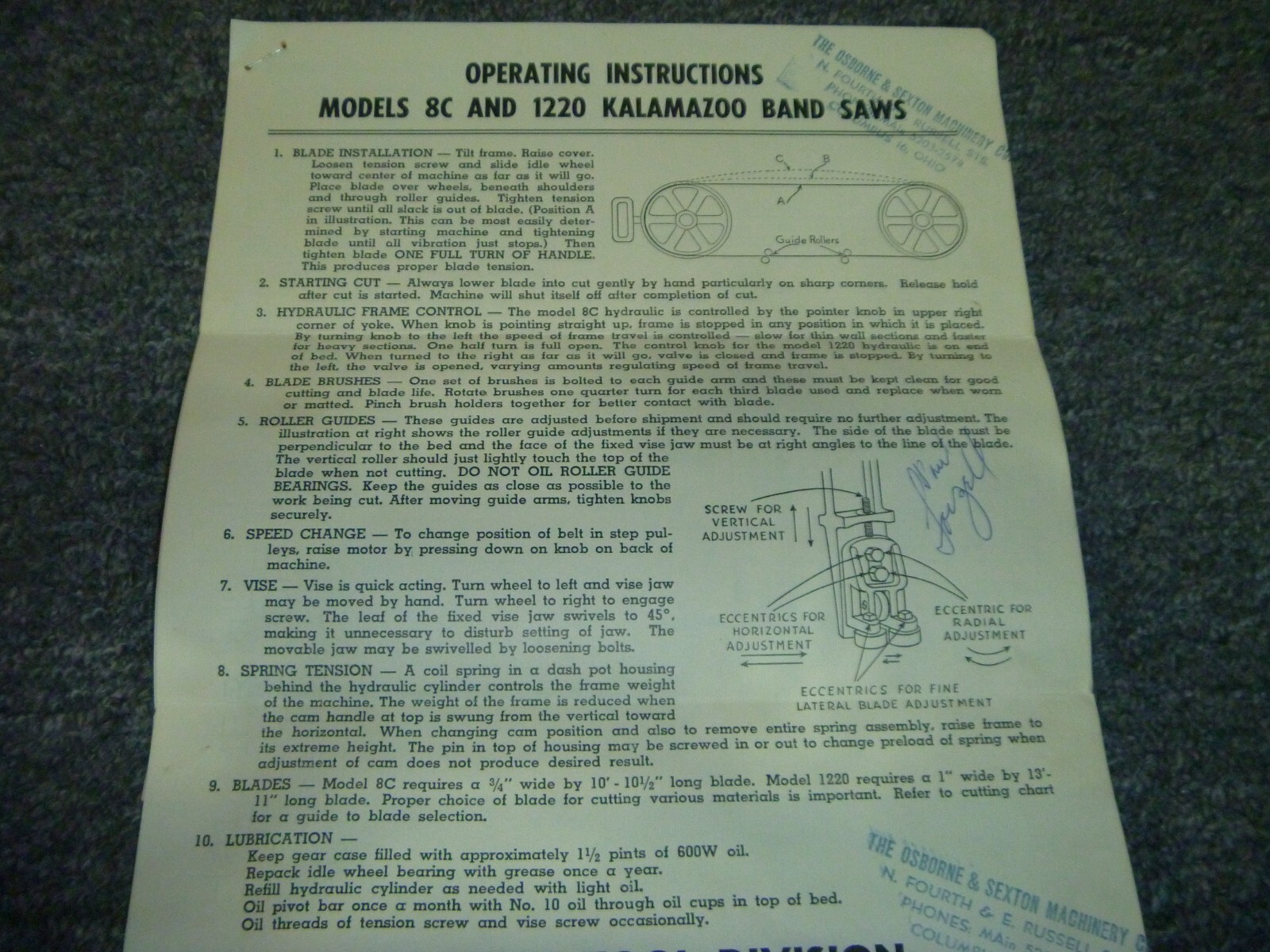 Kalamazoo 8C & 1220 Band Saw Owner Operator Manual User Guide