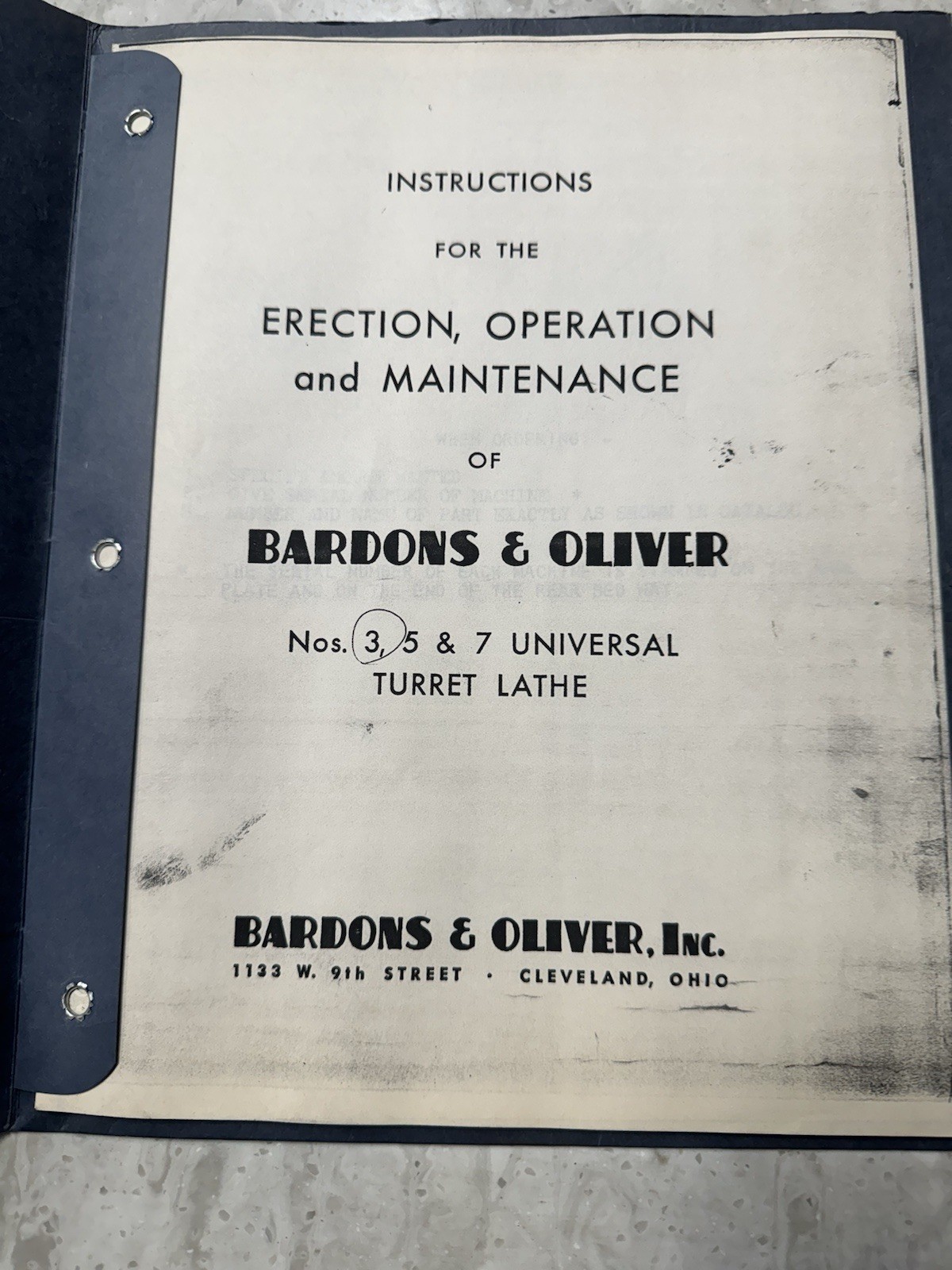 Bardon & Oliver Turret Lathe No. 3, 5, & 7 Operation And Maintenance Manual