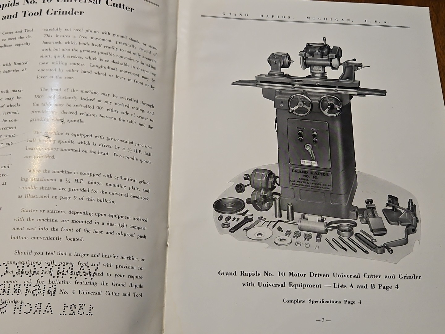 GRAND RAPIDS UNIVERSAL CUTTER TOOL GRINDEE #10 MACHINE CATALOG