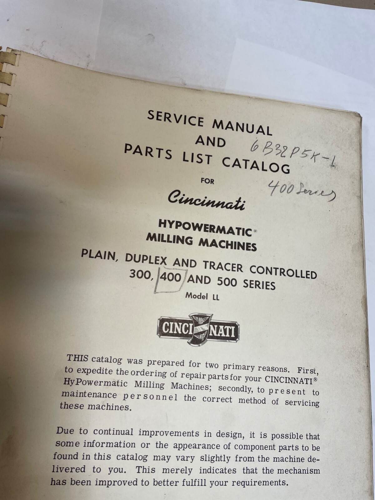 Cincinnati Hydromatic Milling Machine Service Manual & Parts List