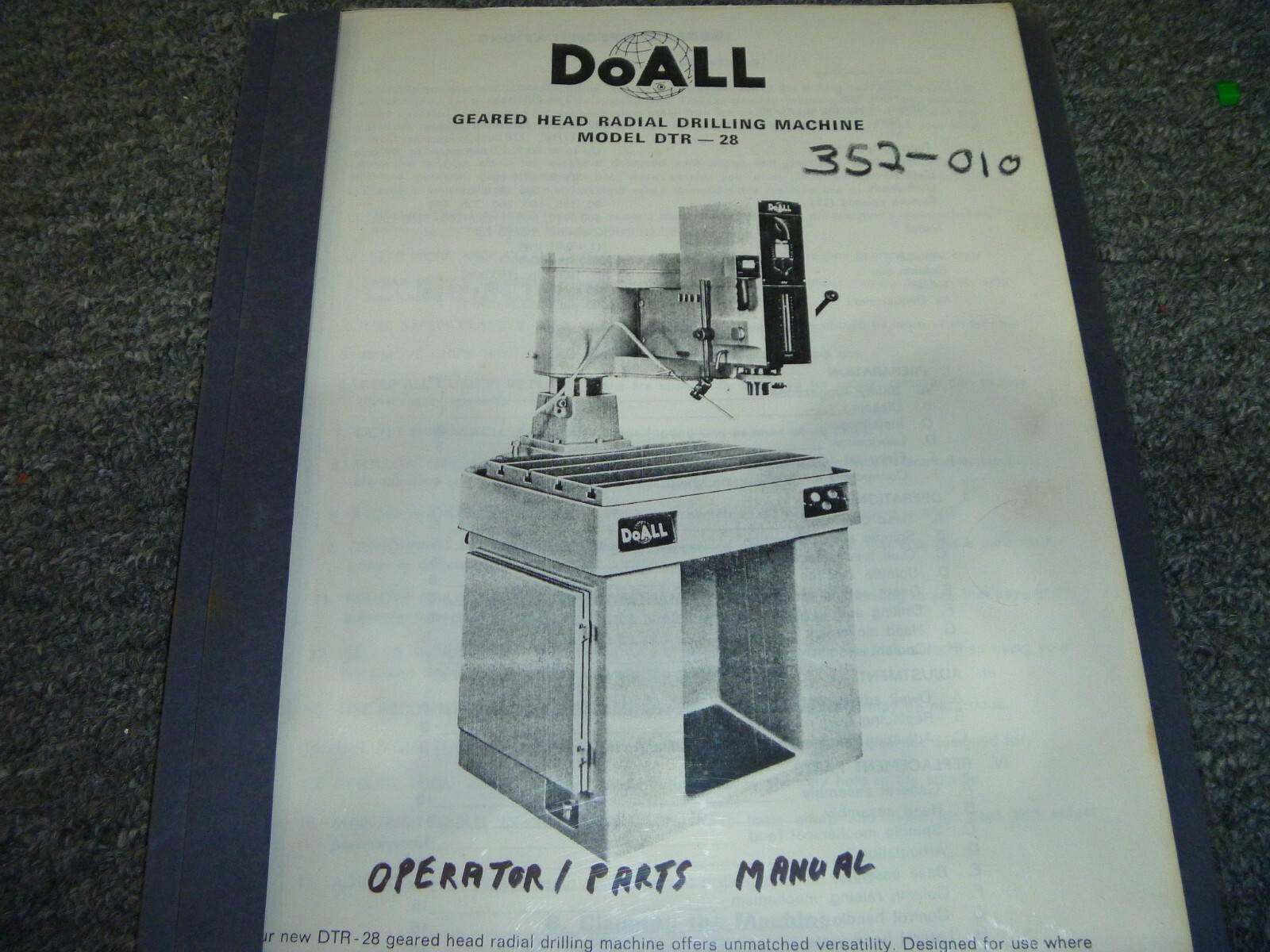 DoAll DTR-28 Radial Drilling Machine Parts Catalog & Operator Manual 352-010