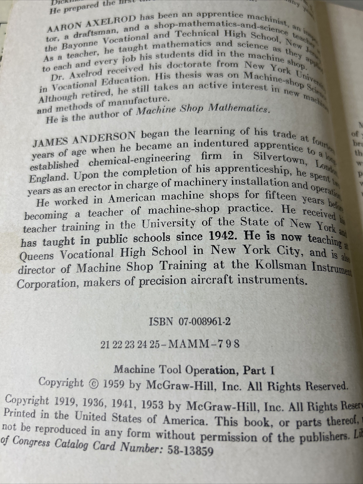 1959 Machine Tool Operation Part 1 Hardcover Book 5th Edition