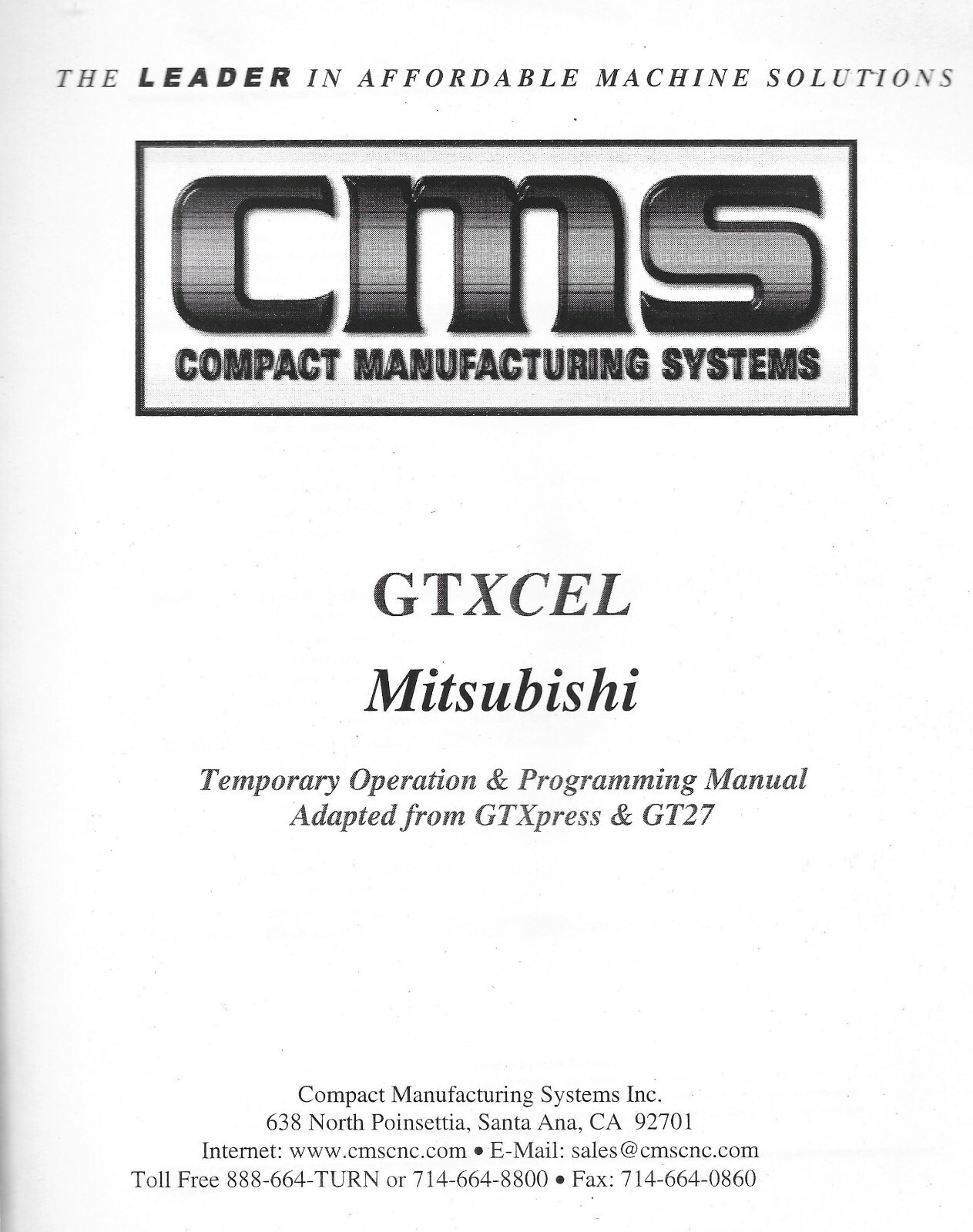Mitsubishi 64 GTXCEL Programming Operation Manual 2002 Compact Mfg Systems E1A1