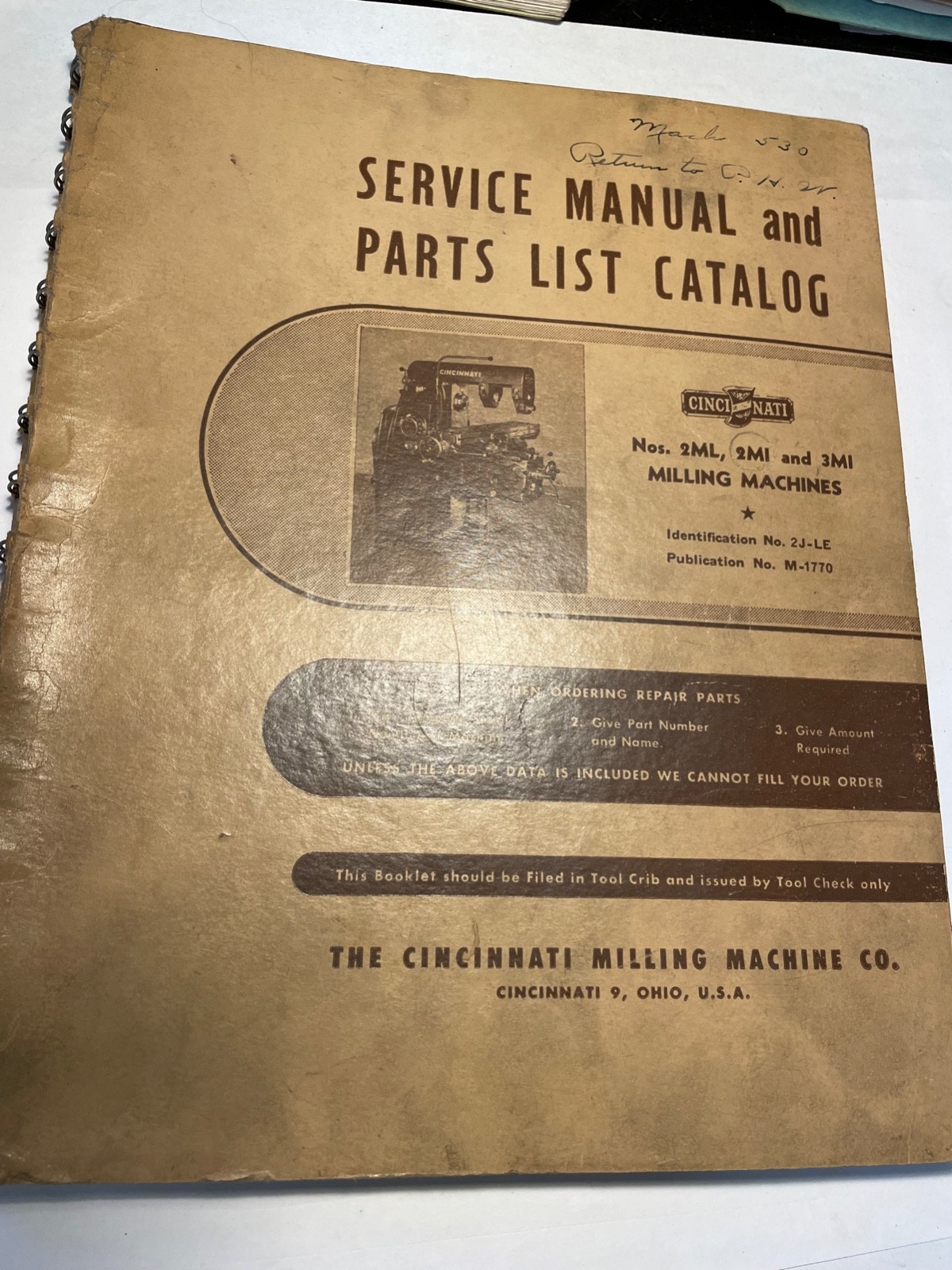 Cincinnati 2ML 2MI 3MI Milling Machine Parts Catalog & Service Repair Manual