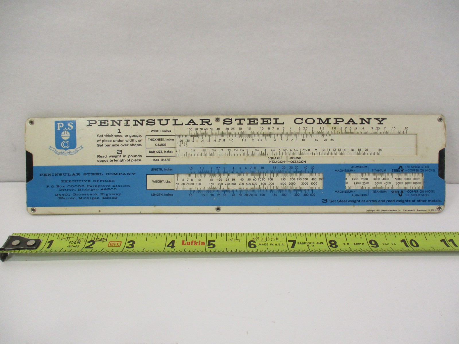PENINSULAR Steel Company Slide Rule Calculator for Steel Weights Types Thickness
