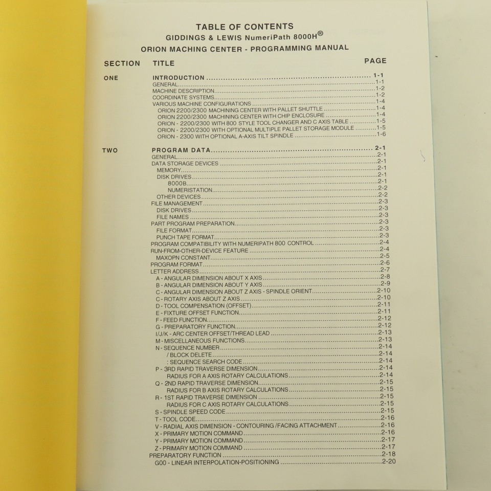 Giddings & Lewis Orion Machining Centers NumeriPath 8000 CNC Programming Manual