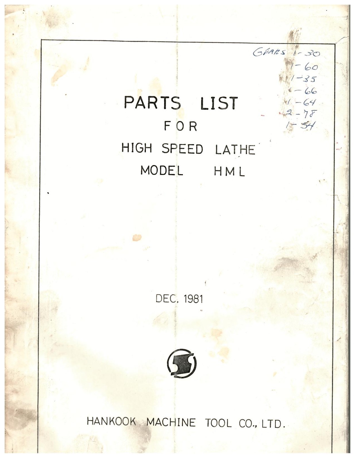 Hankook HML Lathe Manual – Parts List