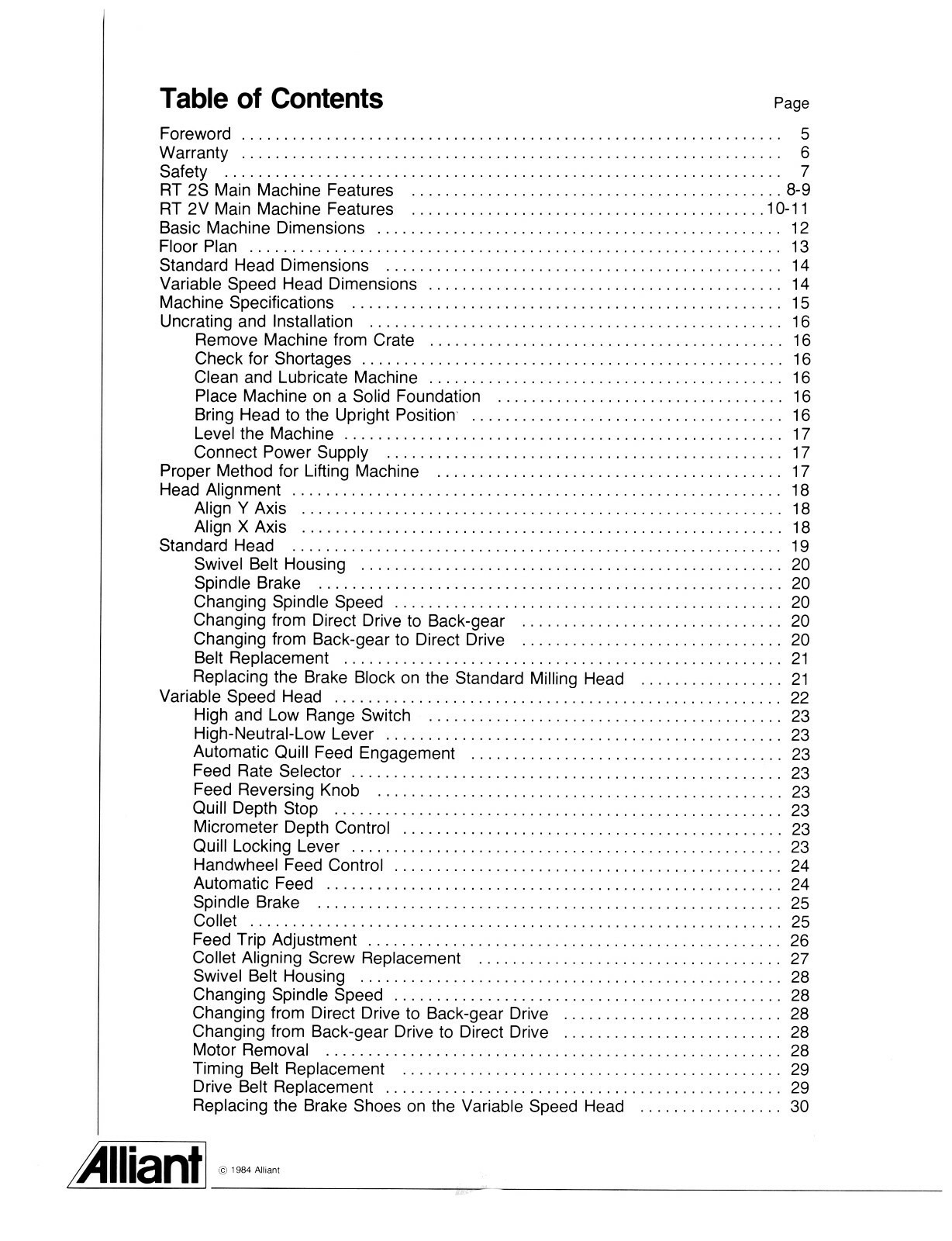 Alliant RT2S & RT2V Milling Machine Operation, Maint, & Parts List Manual #2108