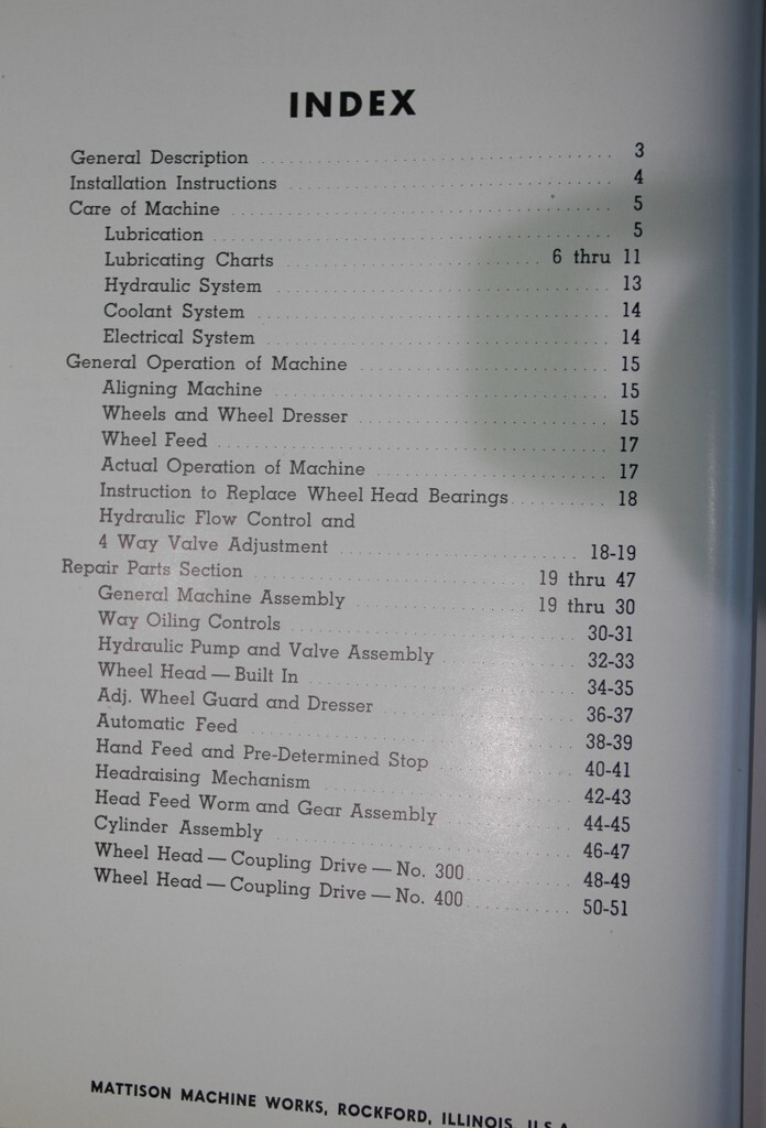 Mattison Surface Grinder 300, 400, 400SS Operations, Parts & Maintenance Manual