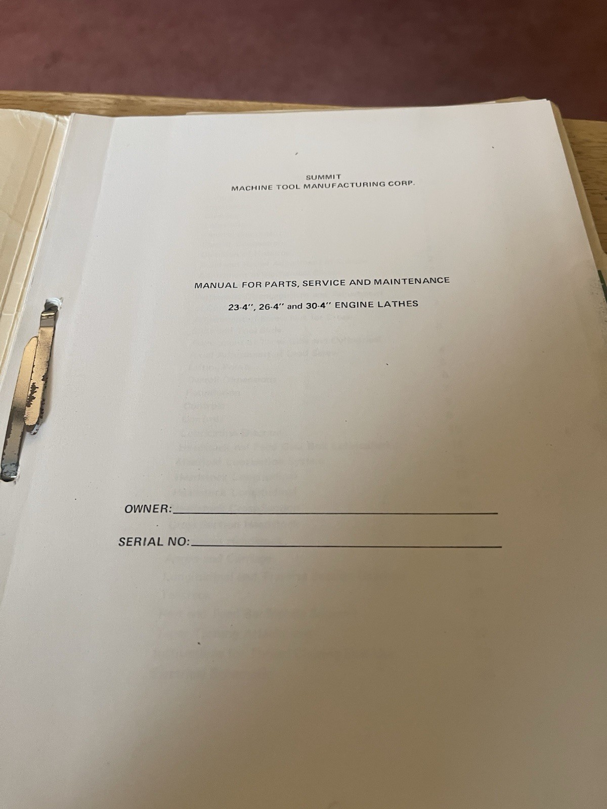 Summit Machine Tool Manual for Parts,Service,and Manual for Engine Lathes