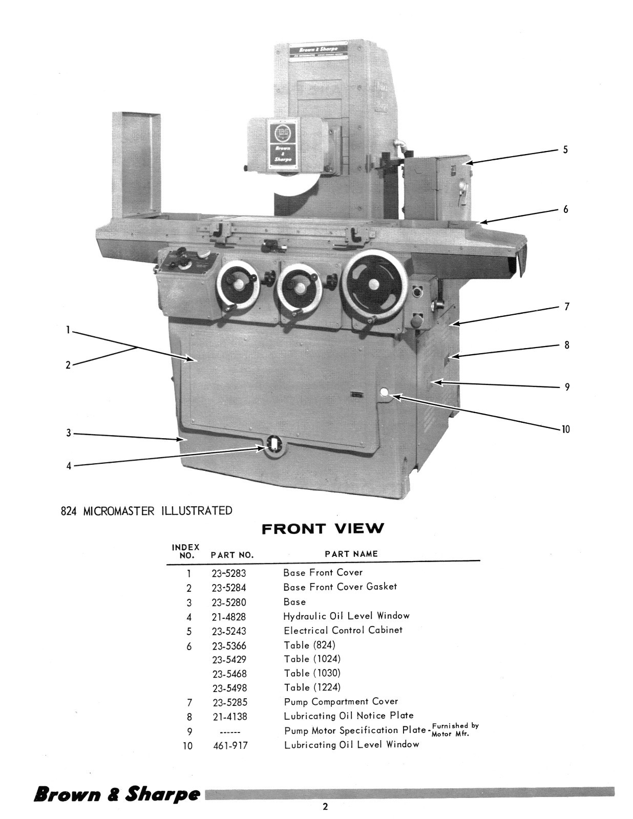Brown & Sharpe Micromaster 824, 1024, 1030, &1224 Surface Grinders Parts Manual