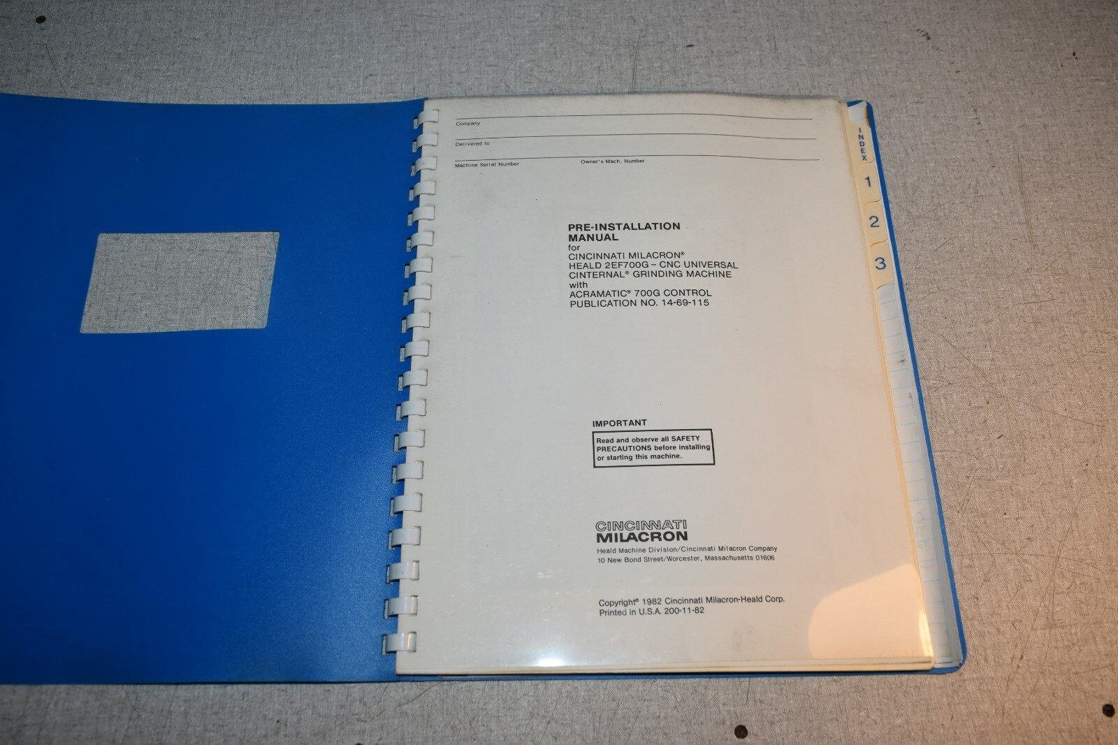 Cincinnati Milacron Pre Installation Manual for Heald CNC Grinder Acramatic 700G