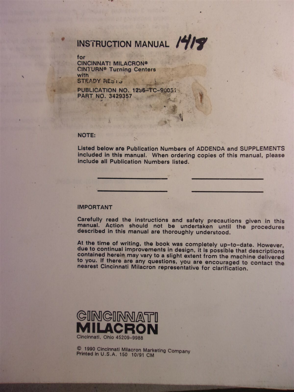 Cincinnati Milacron Instruction Manual Cinturn Steady Rest 1236-TC-90051 3429357