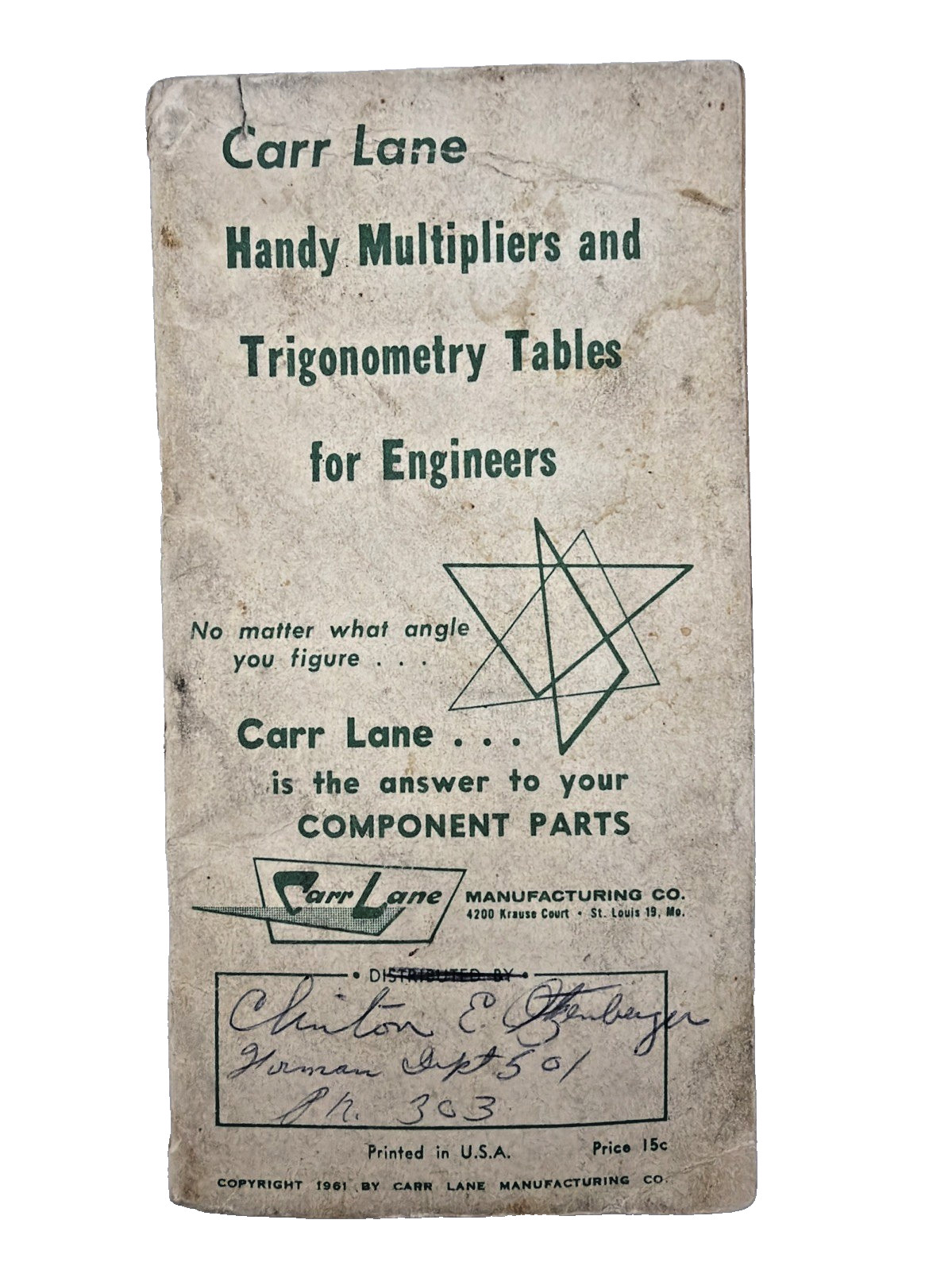 Carr Lane Handy Multipliers and Trigonometry Tables for Engineers 1961