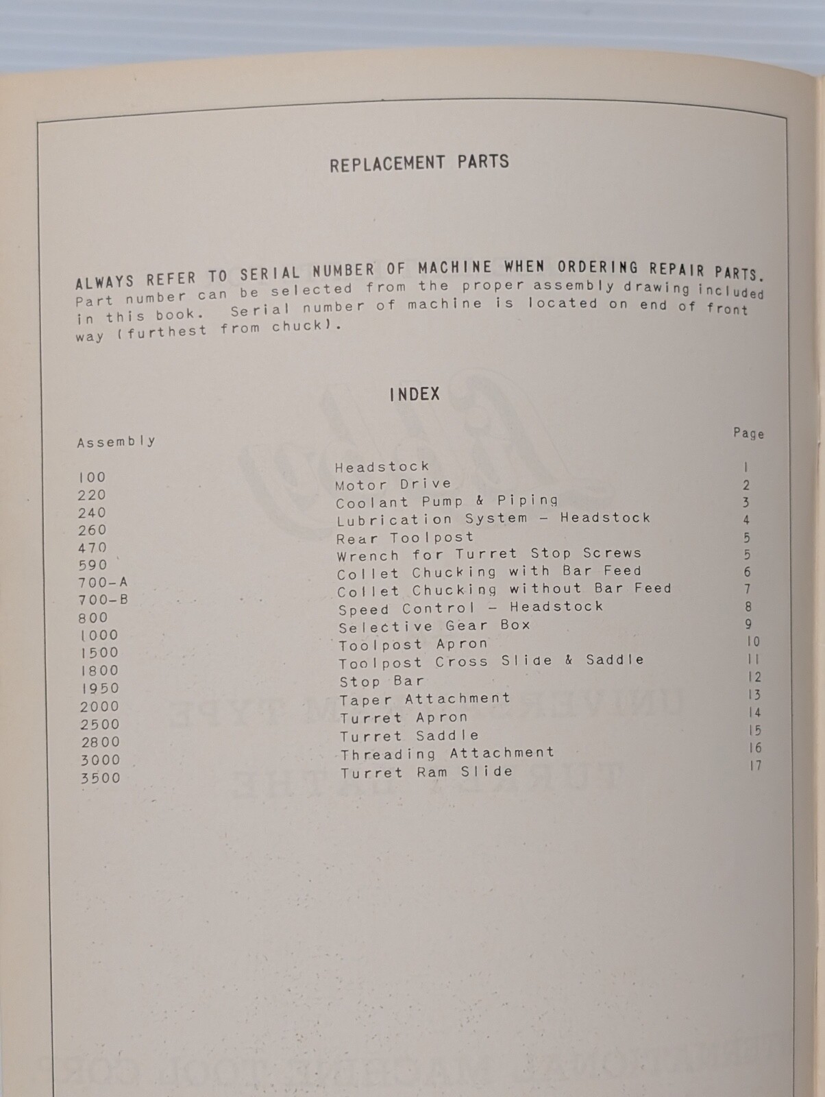 International Machine & Tool Libby 4A Universal Ram Turret Lathe Parts List Book