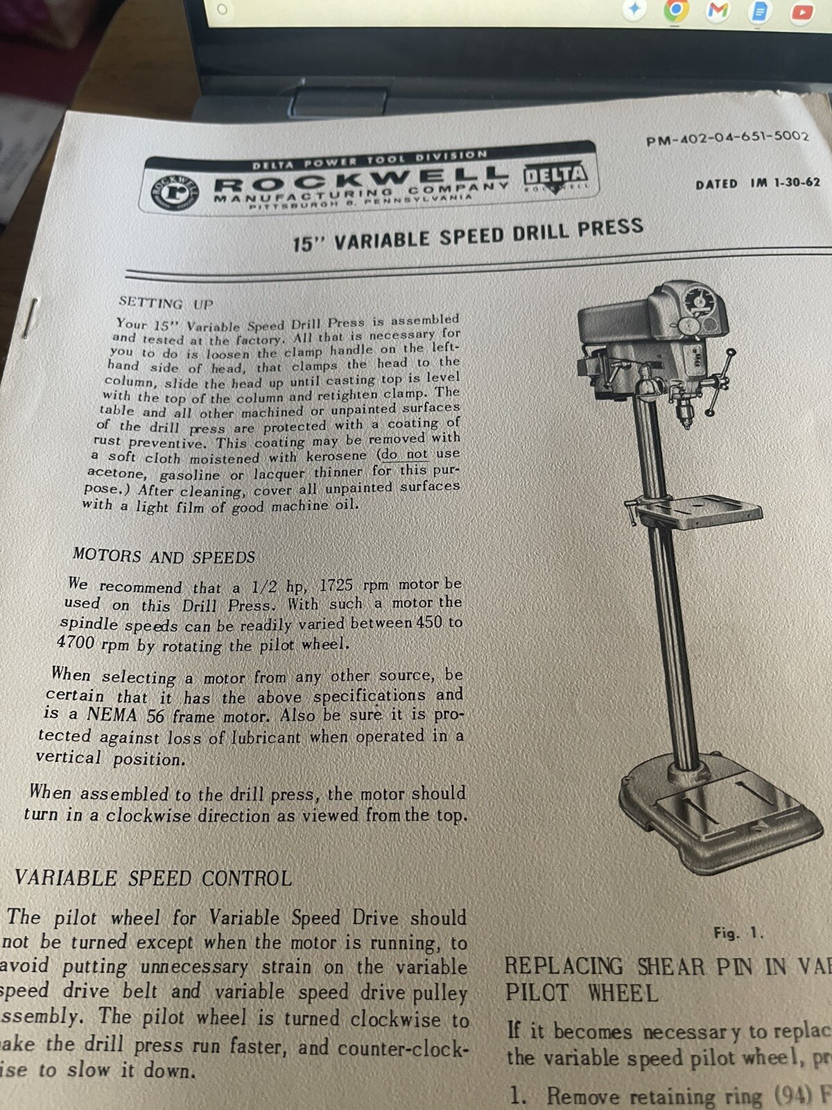 Rockwell Delta 15″Variable Speed Drill Press Operation & Parts Brochure
