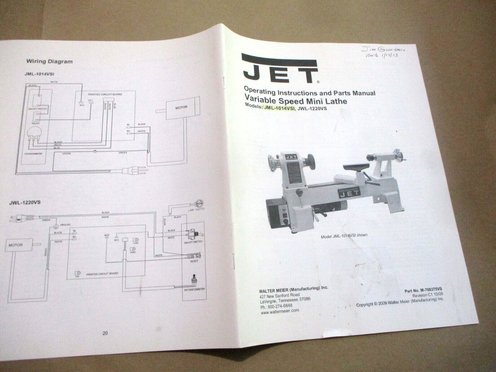 Jet VS Mini Lathe Models JML-1014I & JWL-1220 Operator & Parts List Manual