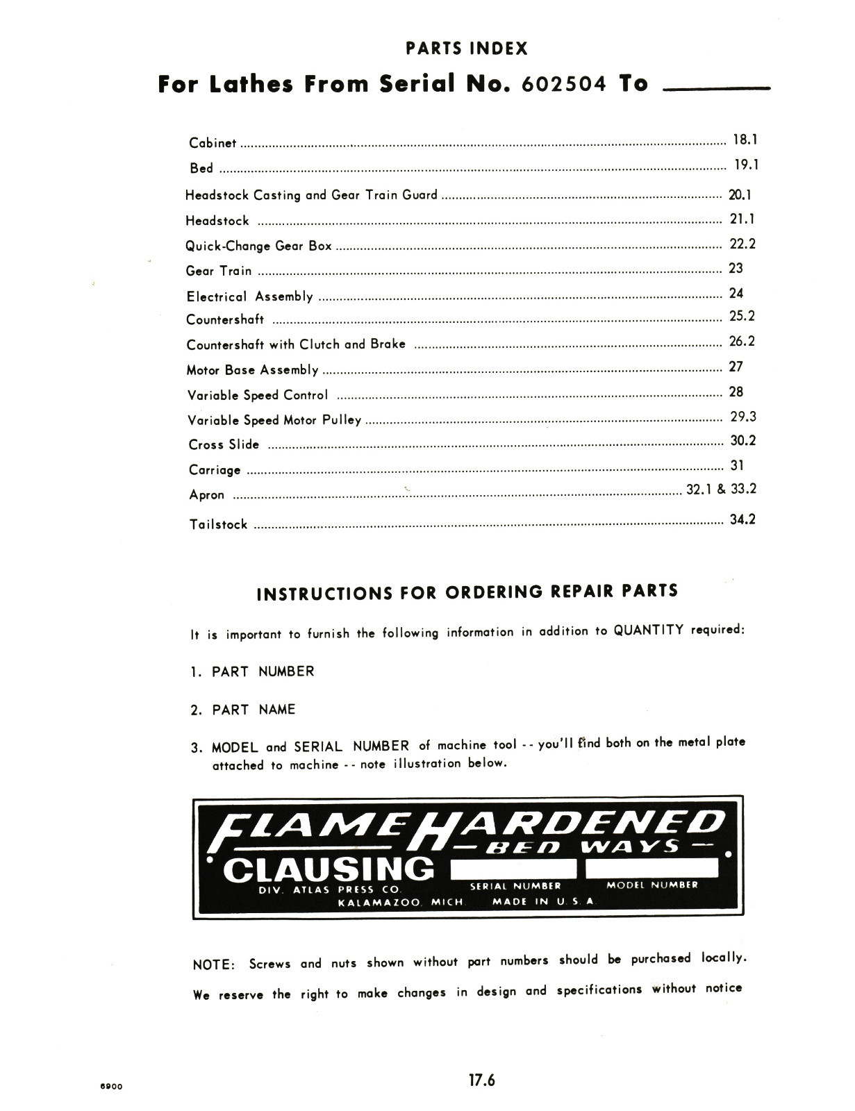 Clausing 14″ Lathe 6900 Series sn 602504 up Op and Parts List manual #1366