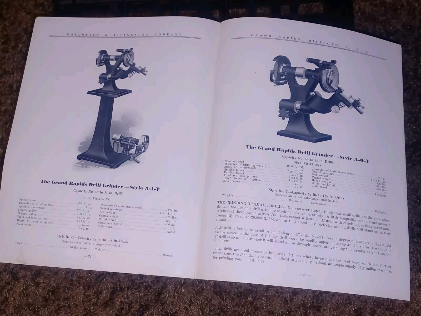GALLMEYER & LIVINGSTON GRAND RAPIDS Michigan Tool DRILL GRINDERS Catalog Book !!