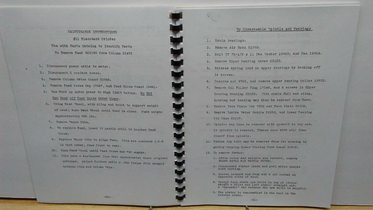 Blanchard No. 11 Grinder Operator, Maintenance & Parts Manual