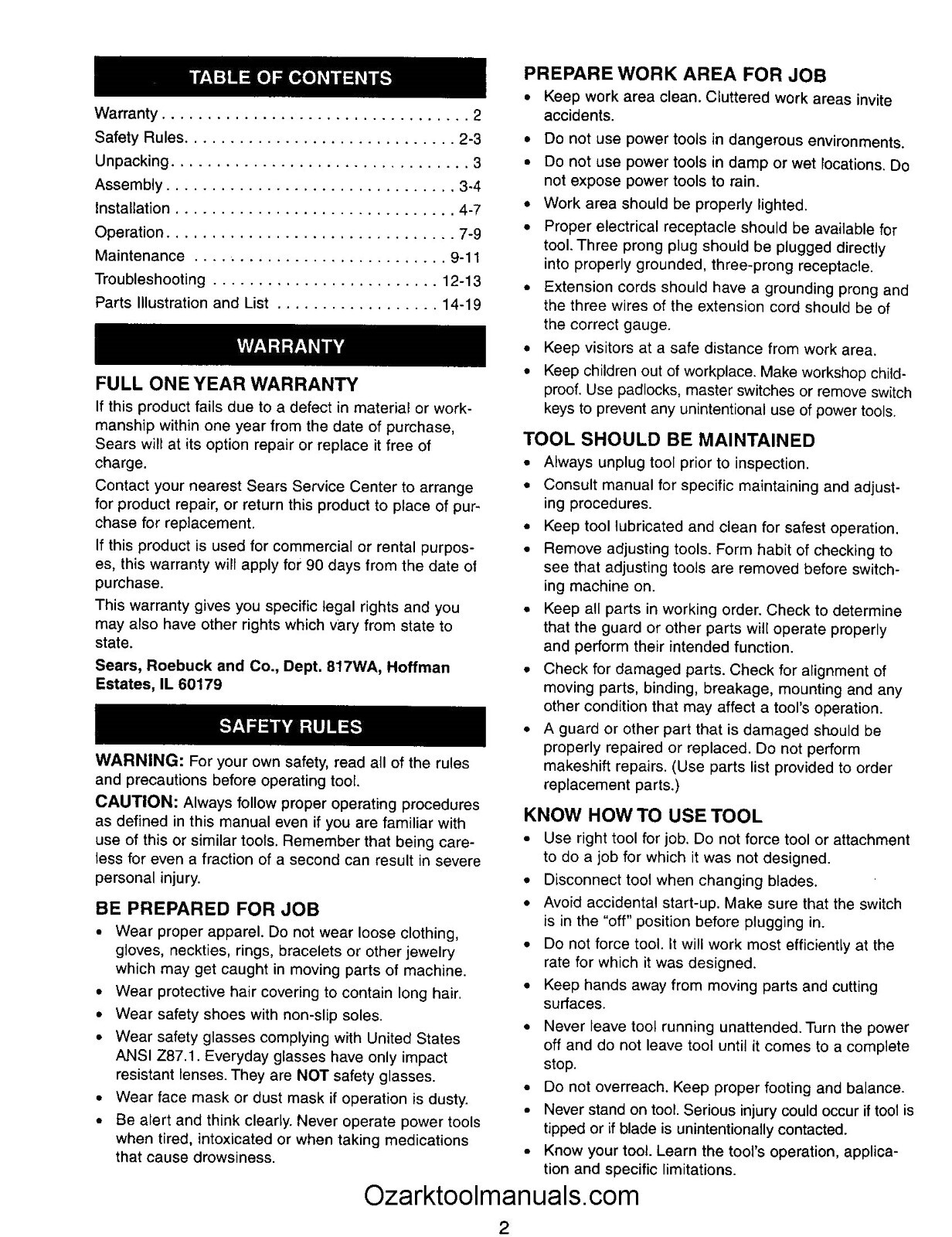 CRAFTSMAN 351.217130 13″ Wood Thickness Planer Service Parts Manual 1495
