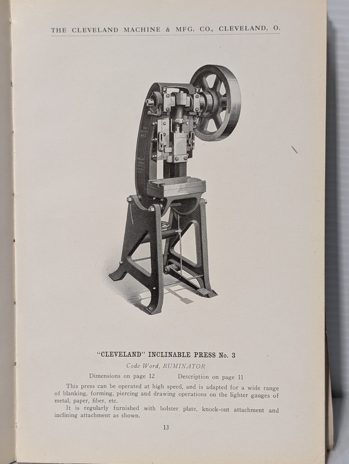 Vin 1916 Cleveland Machine & Mfg Power Presses, Shears, Dies, Illustrated Manual