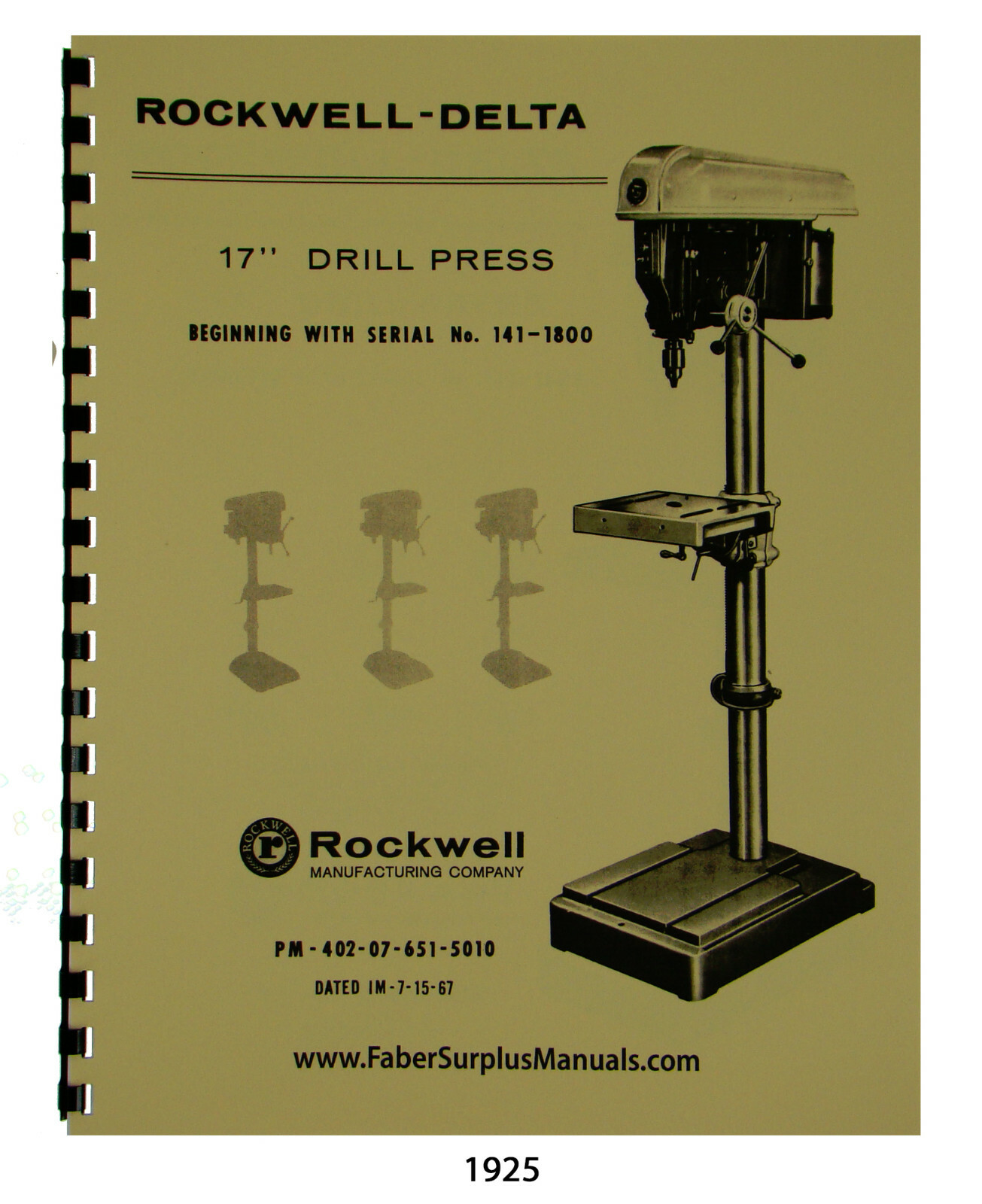 Rockwell-Delta 17″ Drill Press sn 141-1800 up Operator & Parts List Manual #1925