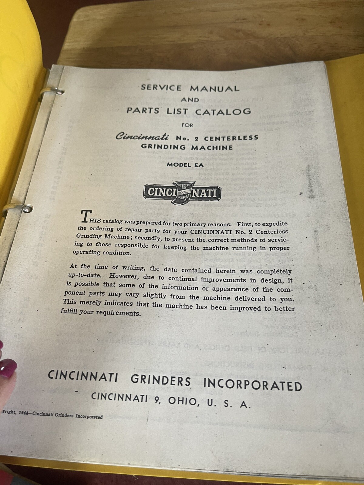 Service Manual and Parts List Cincinnati No.2 Centerless Grinder