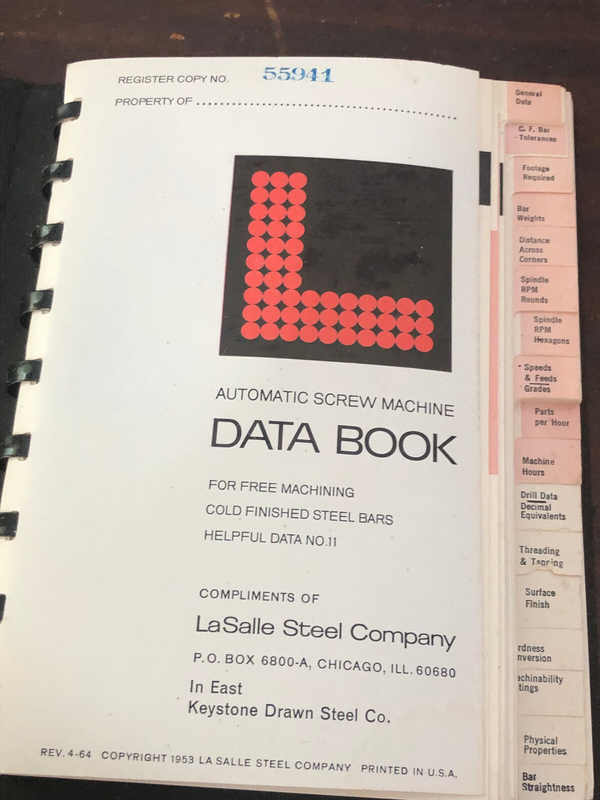 Vintage 1953 LaSalle Steel Company Machining Data Book Automatic Screw Machine