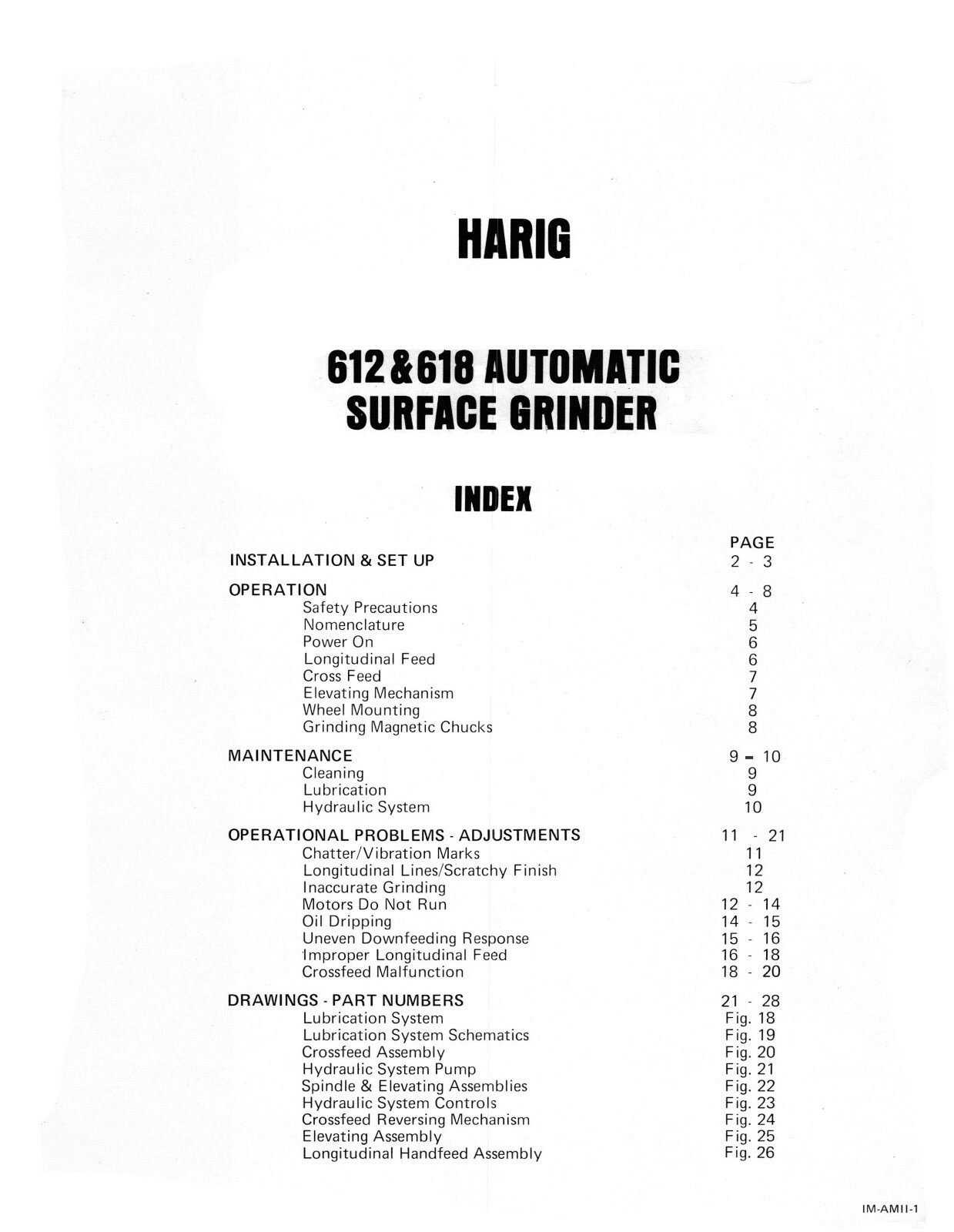 Harig Surface Grinder 612 & 618 Instruction & Parts List Manual #1516