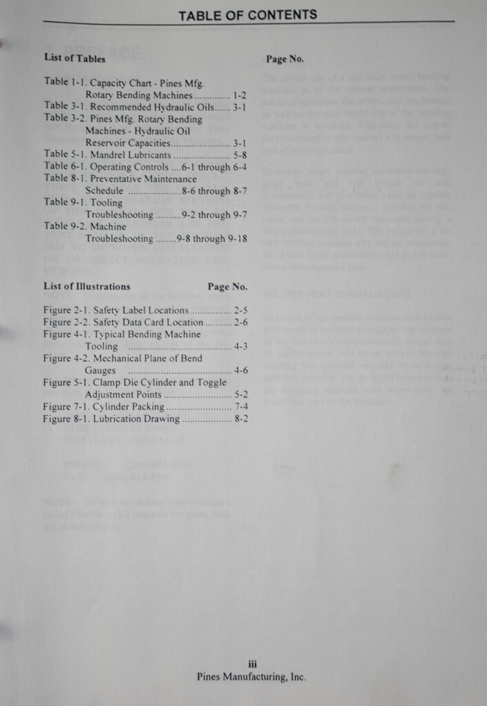 Teledyne Pines “All” Rotary Bender Operations and Maintenace Manual 1996 Pg 98