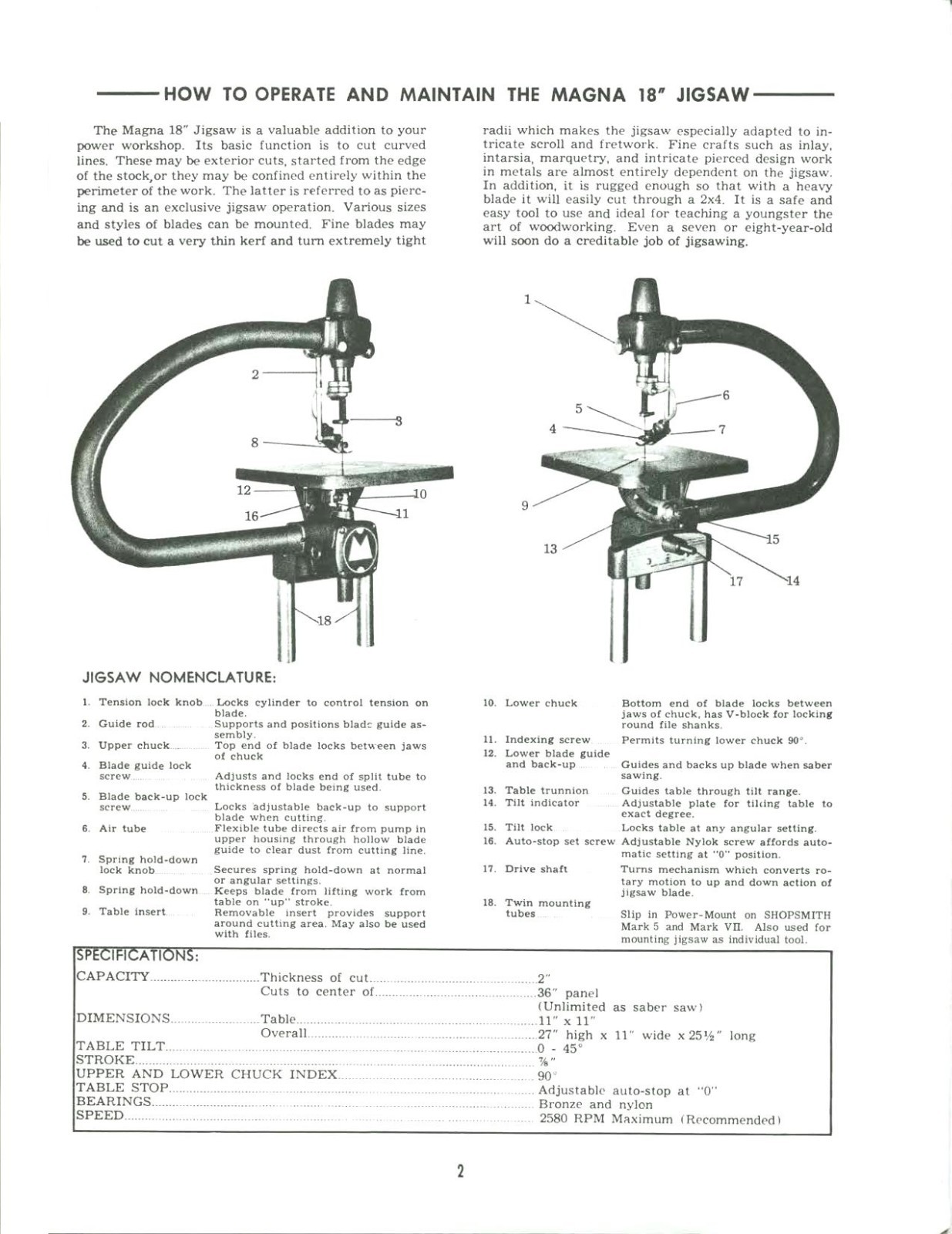 610 18″ Jig Saw Owner’s Instruction Manual Fits 1965 Magna Model 610 505644
