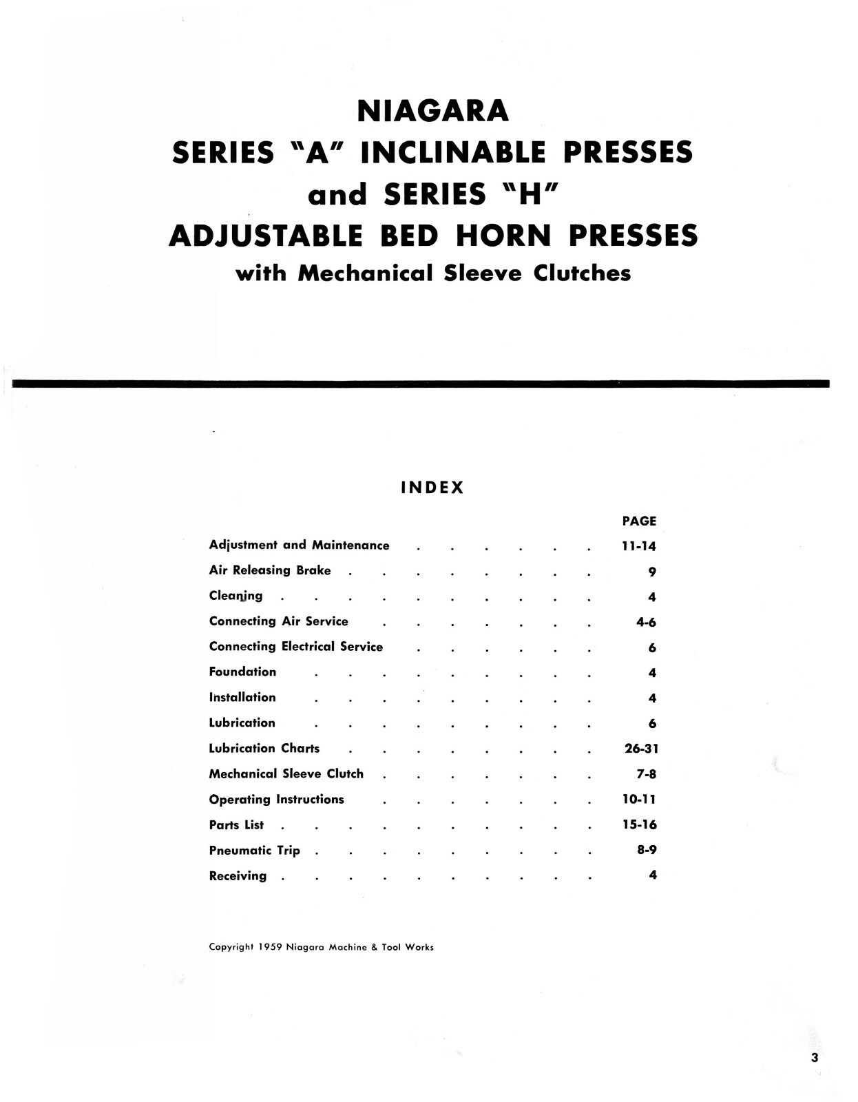 Niagara Series A Inclinable Press & H Adjustable Horn Press Service Manual #1835