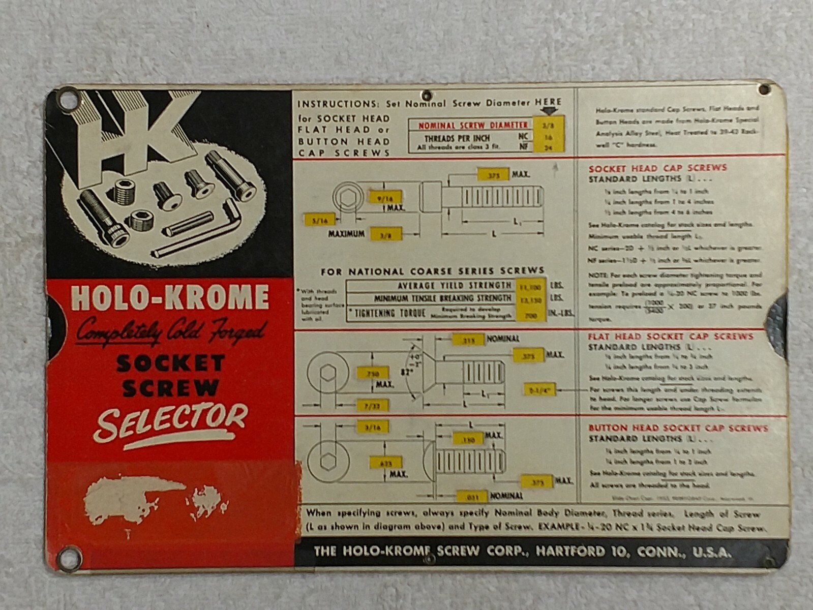 Holo-Krome Completely Cold Forged Socket Screw Selector- Slide Rule- Tool Guide