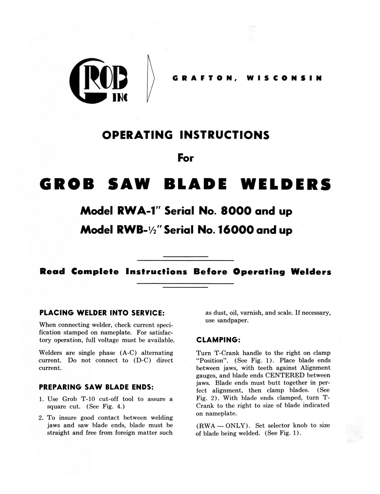Grob 4V-18 Bandsaw & RWA, RWB Blade Welder Operator & Parts List Manual #579