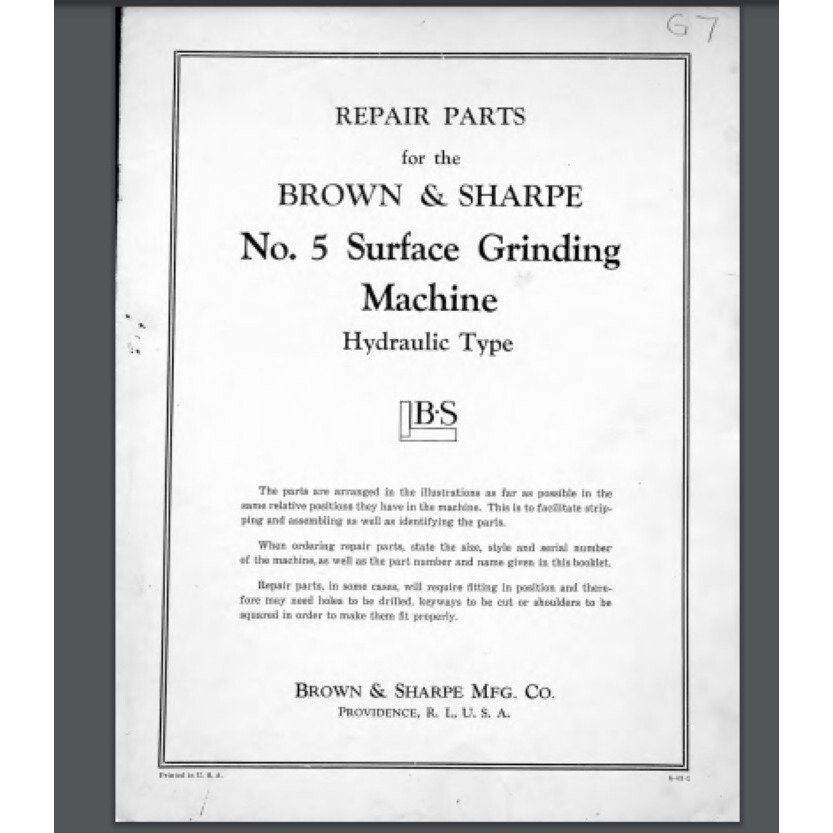 Brown and Sharpe No. 5 Surface Grinding Machine Parts Manual 1943