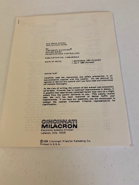 Cincinnati Milacron APC Servo System Application Notes for APC-500 Series