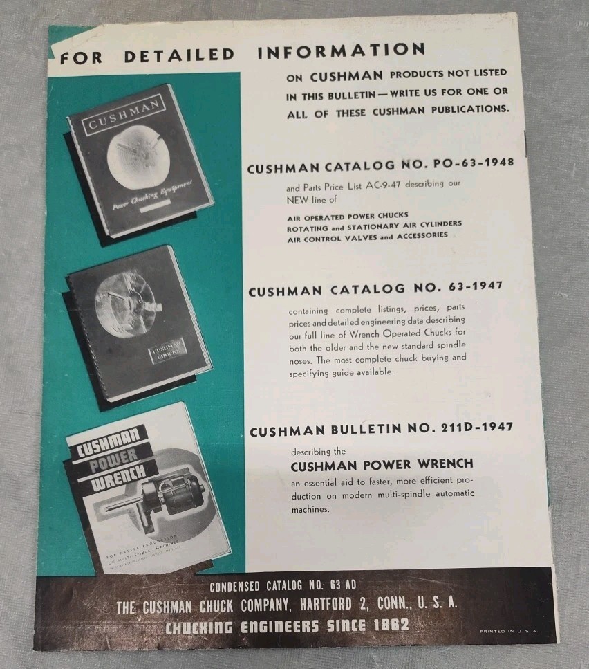 Cushman Chucks Bulletin 1948 Brochure Catalog Industrial Vtg Lafayette Tool NY