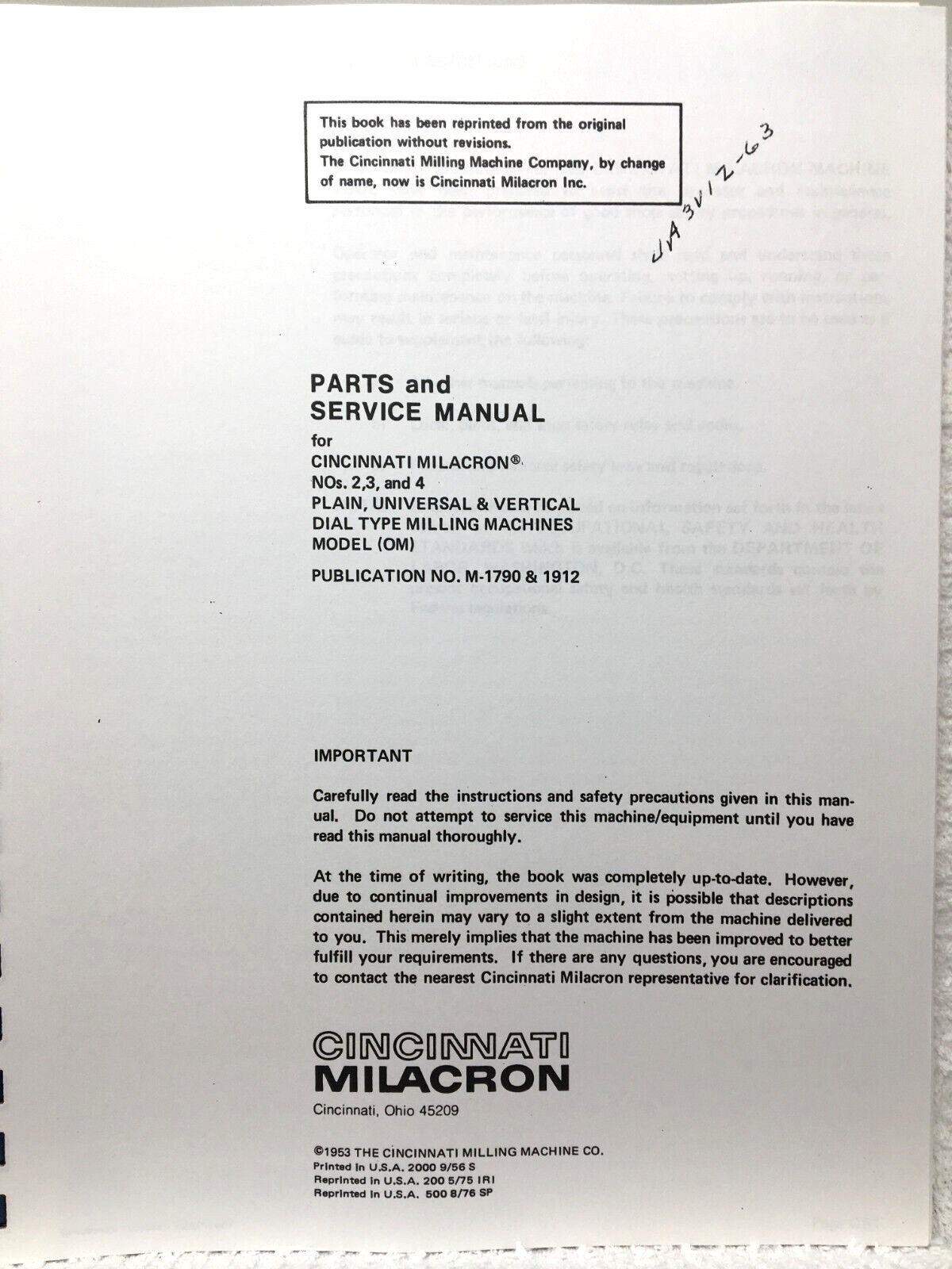 Cincinnati Milacron NOs 2 3 and 4 Plain Universal & Vertical Dial Type Milling