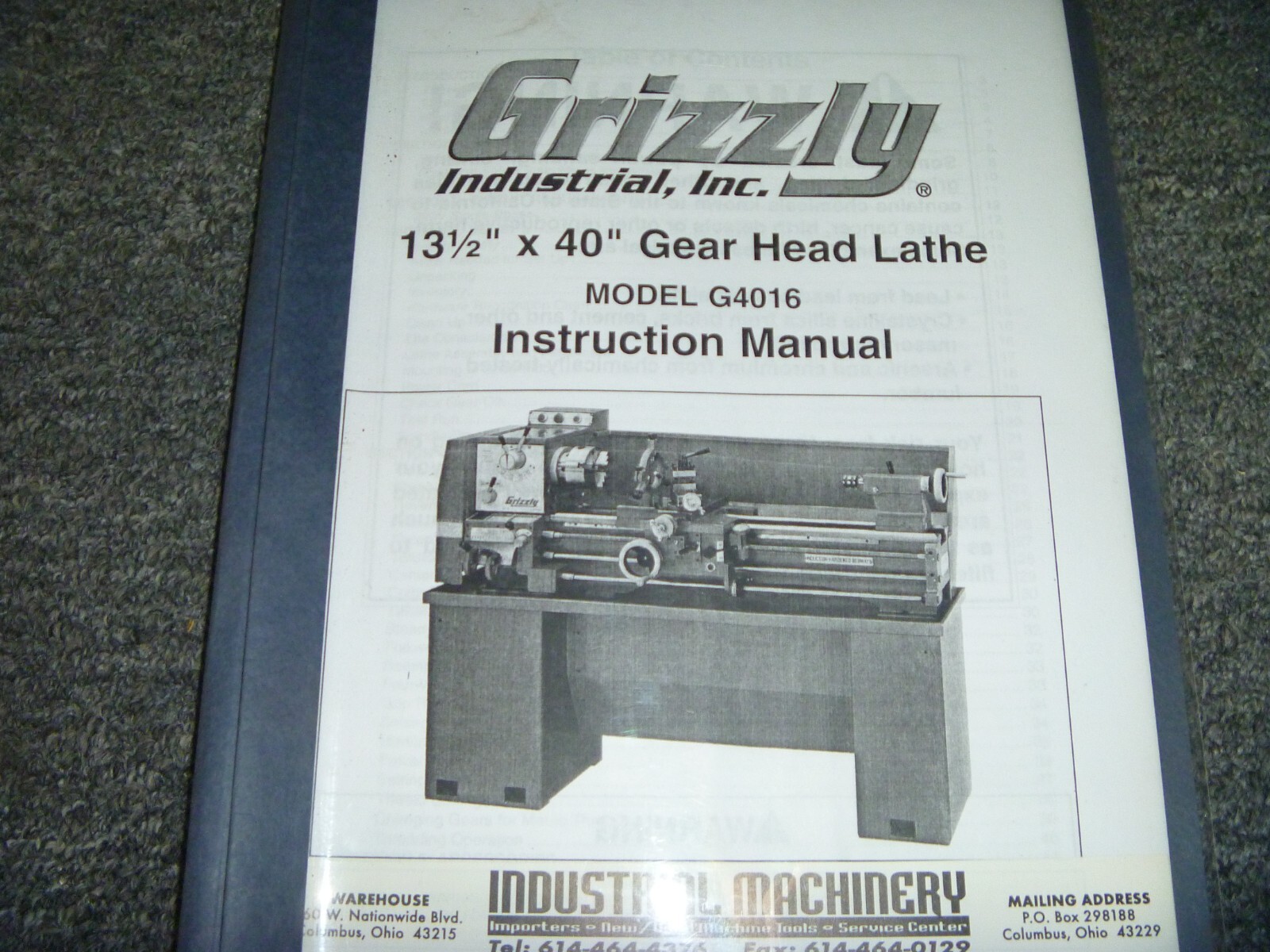 Grizzly Model 4016 13.5″ x 40″ Gear Head Lathe Owner Operator Instruction Manual