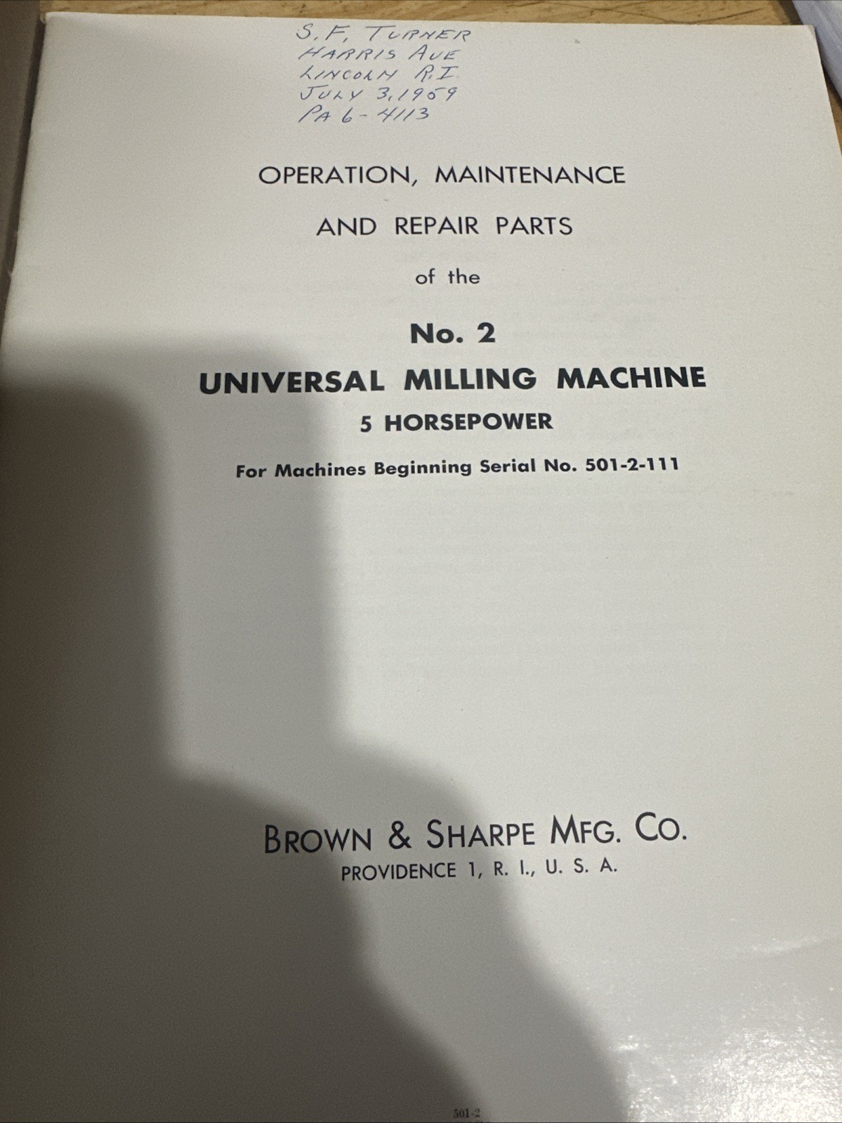 Brown & Sharpe Operation Maintenance Repair Parts Manual No.2 Milling Machine