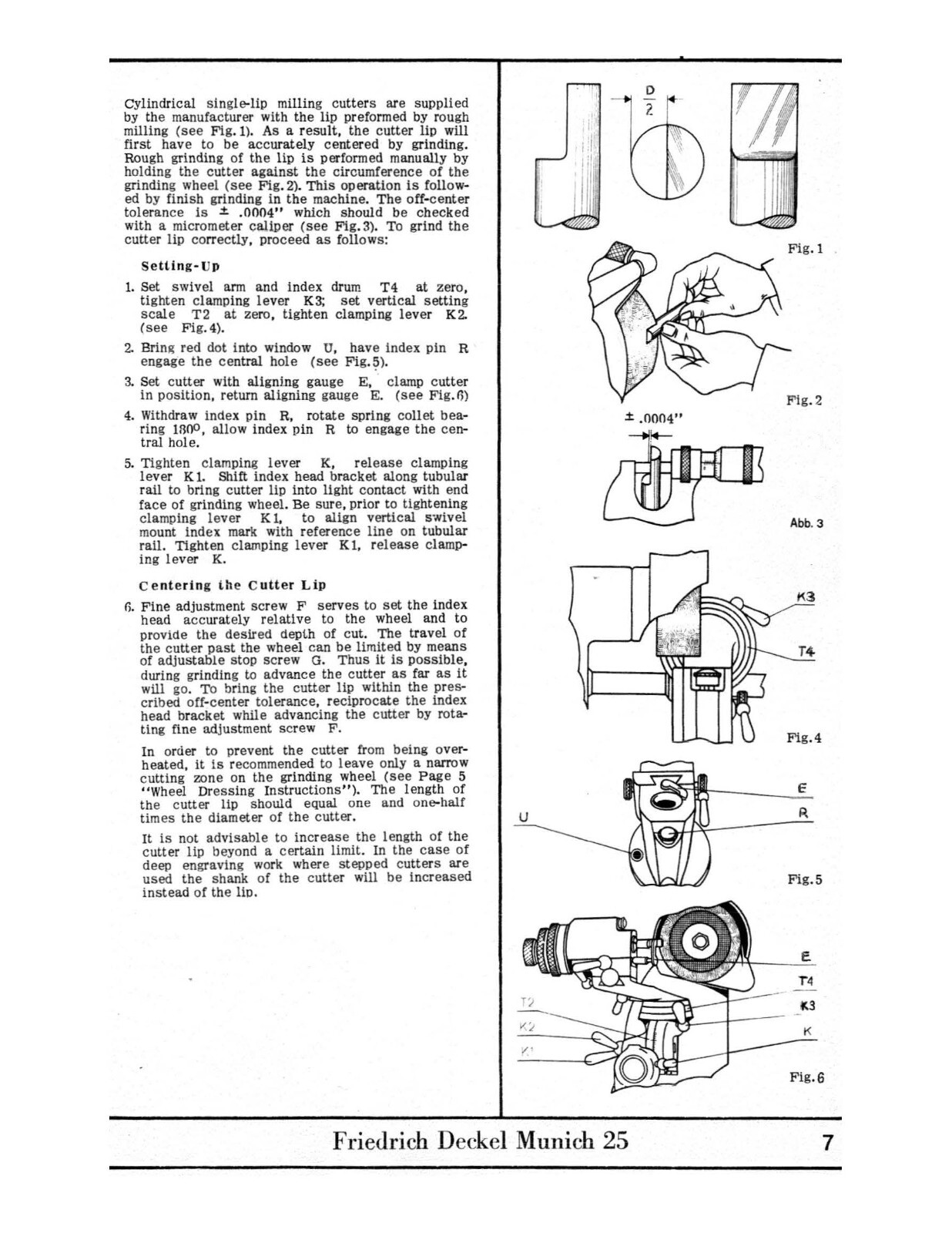 Single Lip Cutter Grinder Operator Instruction Manual Fits Deckel SO – Printed