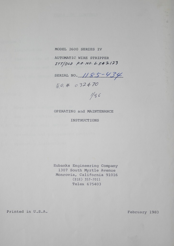 Eubanks Wire Stripper 2600 Operations and Maintenance Manual