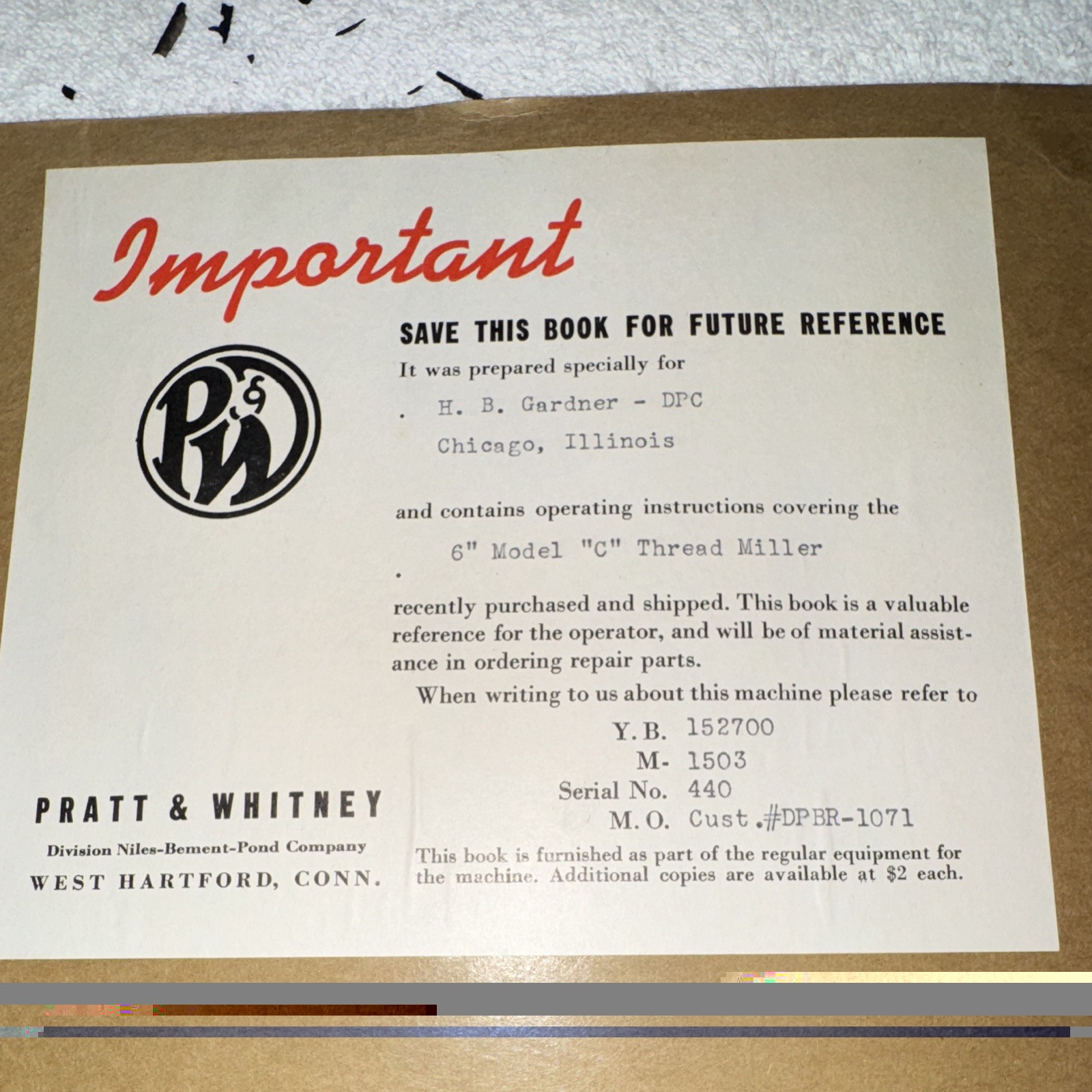 Pratt & Whitney 6″ Model C Thread Miller Operator’s Manual M-1503